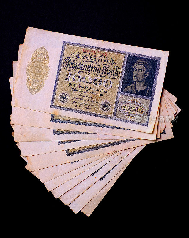 德国马克，堆叠正面10000马克钞票- 1920 - 1929年的德国钞票